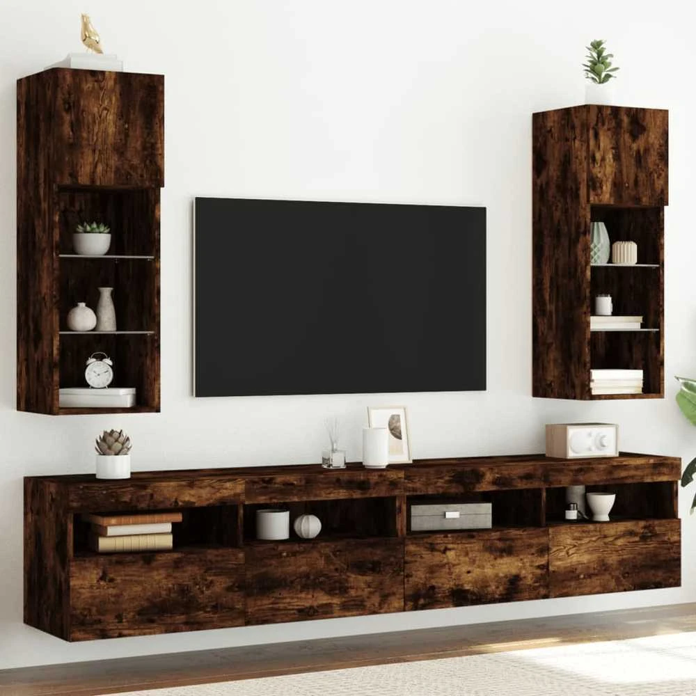 TV staliukas TV spintelės su LED, 2vnt., dūminio ąžuolo, 30,5x30x90cm
