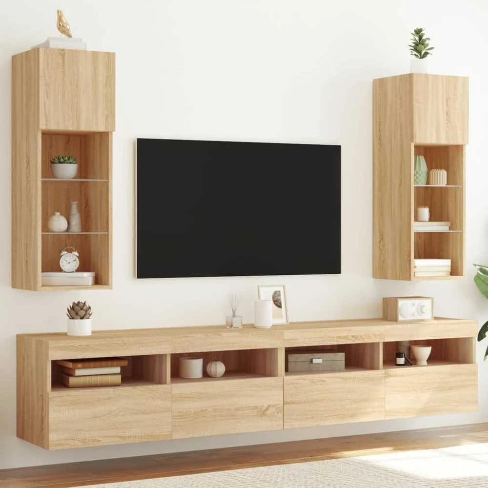 TV staliukas TV spintelės su LED lemputėmis, 2vnt., ąžuolo, 30,5x30x90cm