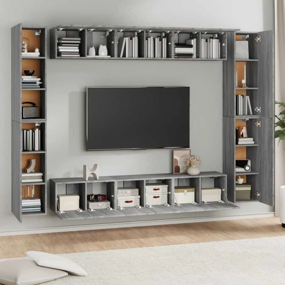 TV staliukas TV spintelių komplektas, 10 dalių, pilkas ąžuolo, mediena