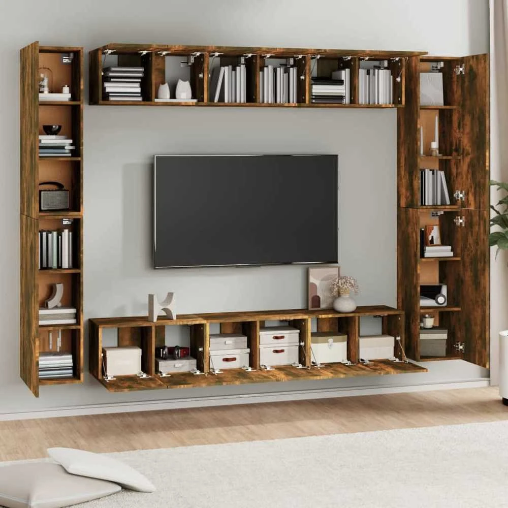 TV staliukas TV spintelių komplektas, 10 dalių, dūminio ąžuolo, mediena
