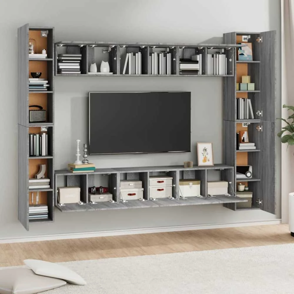 TV staliukas TV spintelių komplektas, 10 dalių, pilkas ąžuolo, mediena