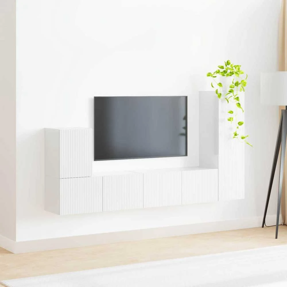 TV staliukas TV spintelių komplektas 3 vnt. Aukštai blizganti balta