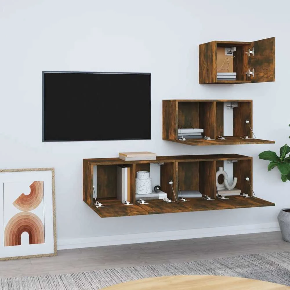 TV staliukas TV spintelių komplektas, 4 dalių, dūminio ąžuolo, mediena