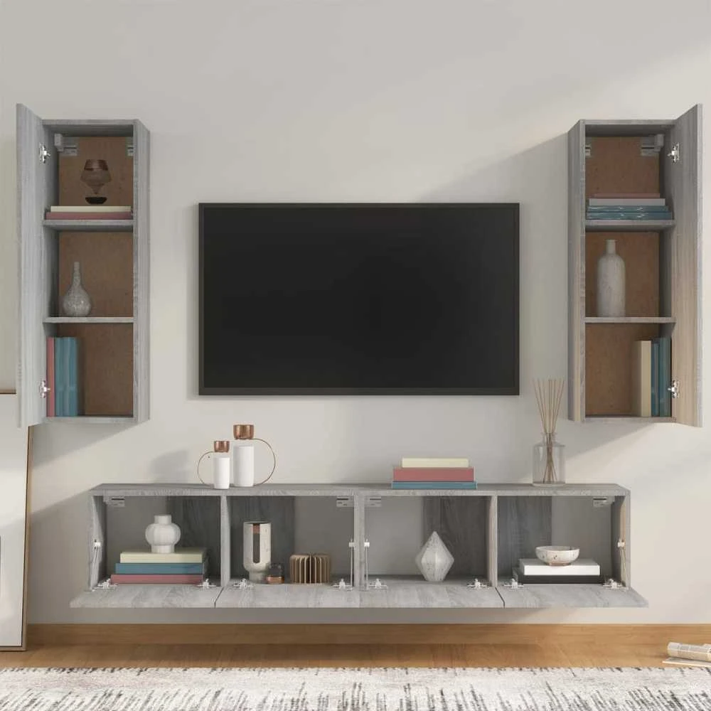TV staliukas TV spintelių komplektas, 4 dalių, pilkas ąžuolo, mediena