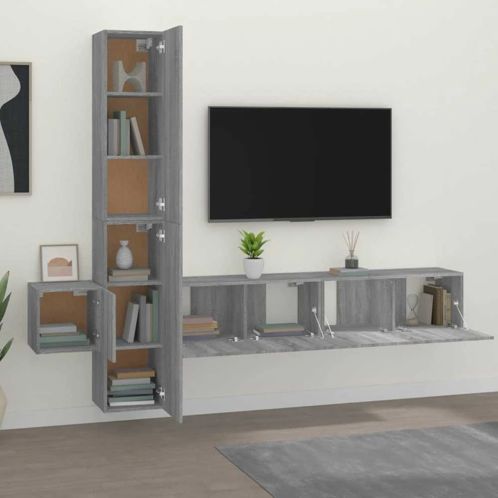 TV staliukas TV spintelių komplektas, 5 dalių, pilkas ąžuolo, mediena
