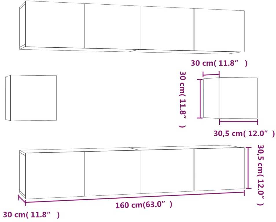 TV staliukas TV spintelių komplektas, 6 dalių, dūminio ąžuolo, mediena