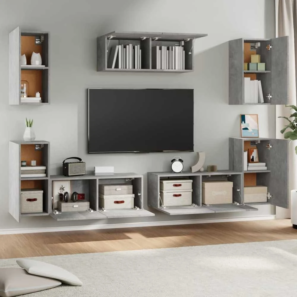 TV staliukas TV spintelių komplektas, 7 dalių, betono pilkas, mediena