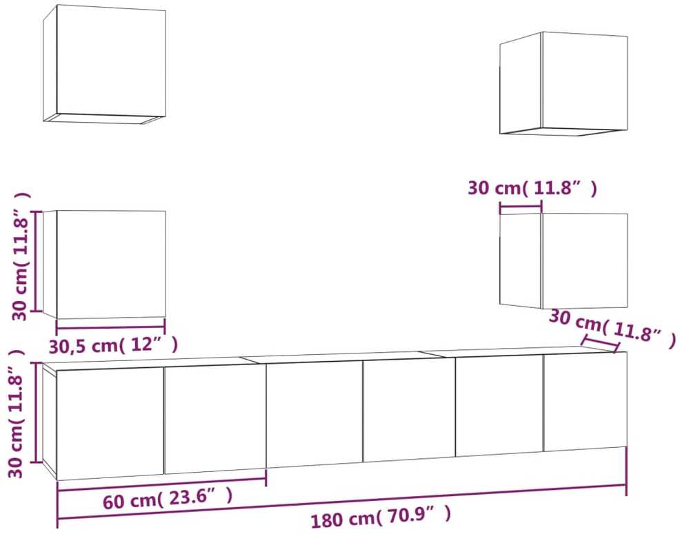TV staliukas TV spintelių komplektas, 7 dalių, dūminio ąžuolo, mediena