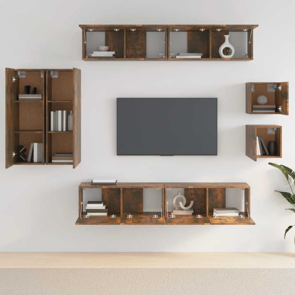 TV staliukas TV spintelių komplektas, 8 dalių, dūminio ąžuolo, mediena