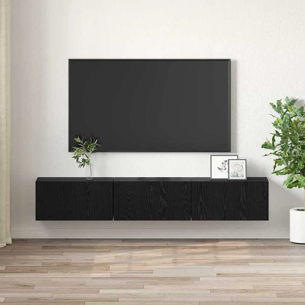 TV staliukas TV spintelių komplektas 3 vnt. Juoda Apdirbta mediena