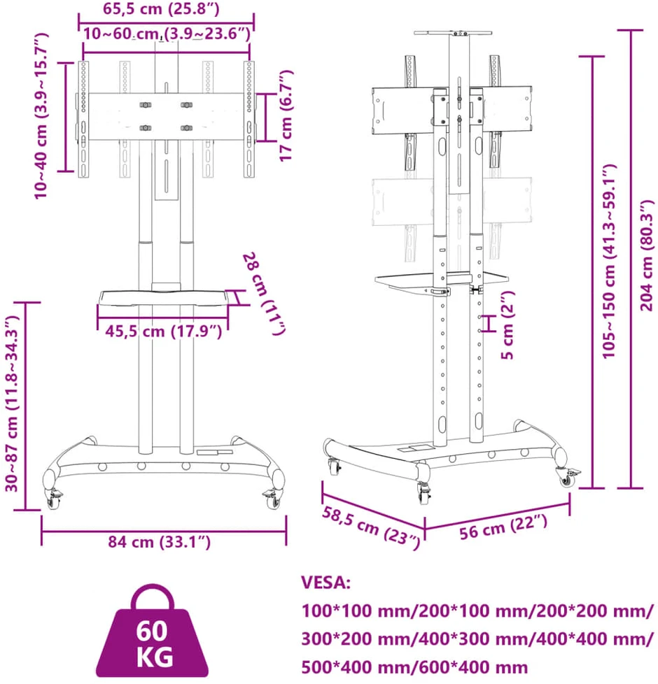 Laikiklis TV stovas ant ratukų 32-70 colių ekranui, 600x400mm, 60kg