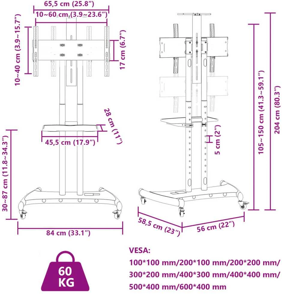 Laikiklis TV stovas ant ratukų 32-70 colių ekranui, 600x400mm, 60kg