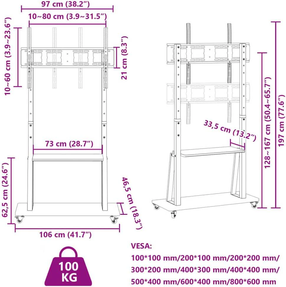 Laikiklis TV stovas ant ratukų 32-90 colių ekranui, 800x600mm, 100kg