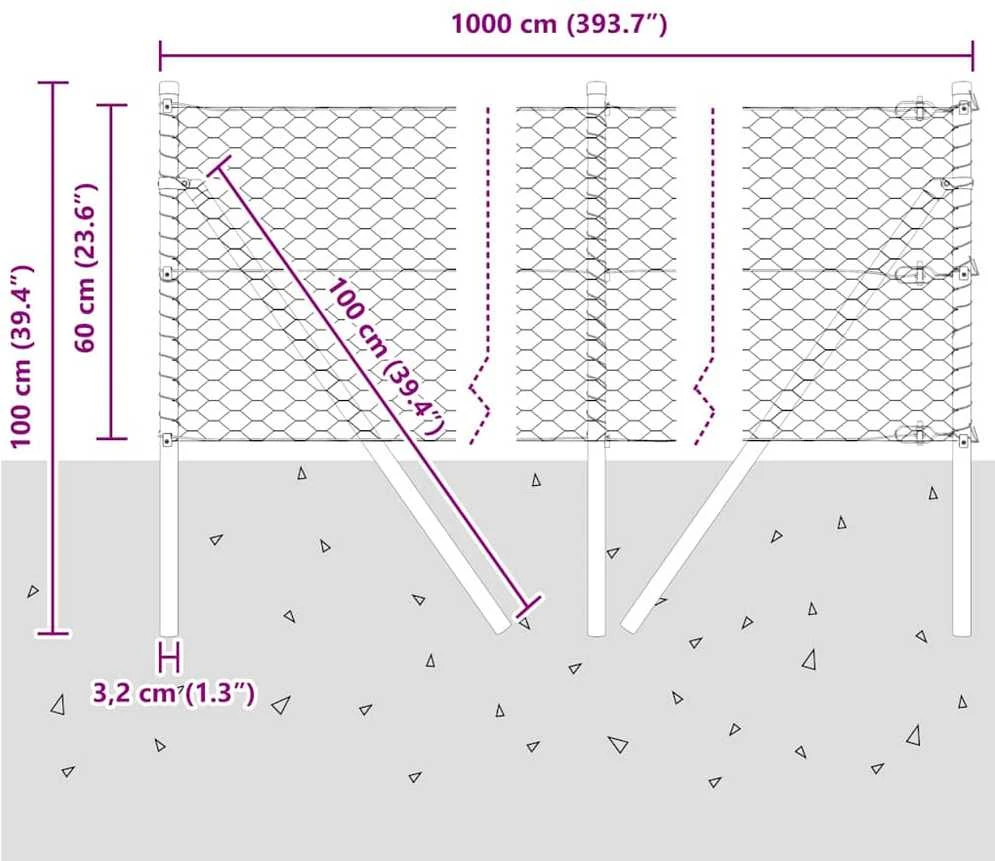 Heksagonalinė tvoros tvirtinimo sistema 10 x 0,6 m Pilka