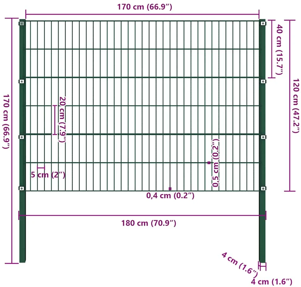 Tvoros segmentai su stulpais, žalios spalvos, 1,7x1,2m, geležis