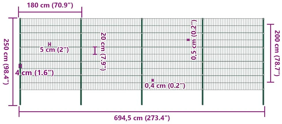 Tvoros plokštė su stulpais, geležinė, 694,5x200cm, žalia