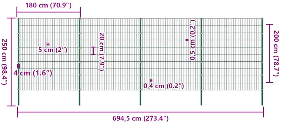 Tvoros plokštė su stulpais, geležinė, 694,5x200cm, žalia
