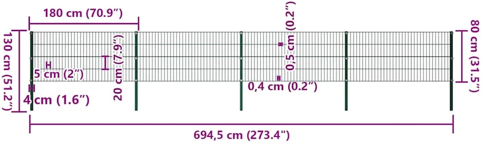 Tvoros segmentai su stulpais, žalios sp., 6,8x0,8m, geležis