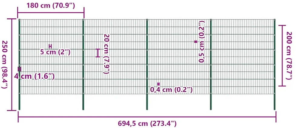 Tvoros plokštė su stulpais, geležinė, 867x200cm, žalia