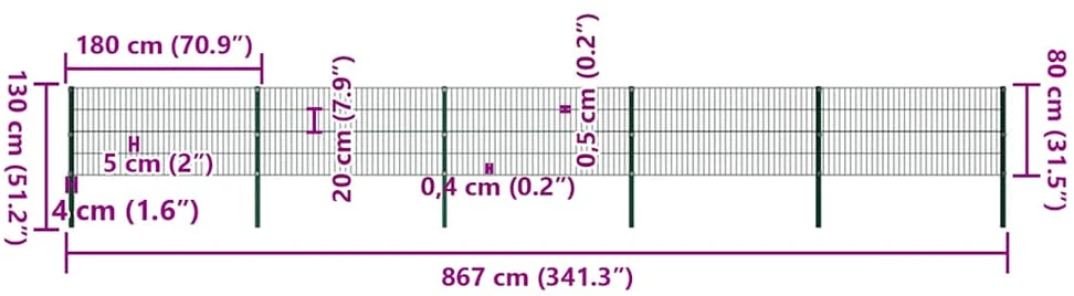 Tvoros segmentai su stulpais, žalios sp., 8,5x0,8m, geležis