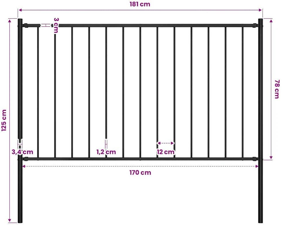 Tvoros plokštė su stulpais, juodos spalvos, 1,7x0,75m, plienas