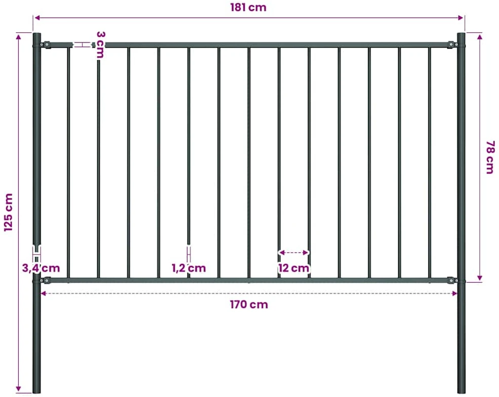 Tvoros plokštė su stulpais, antracito, 1,7x0,75m, plienas