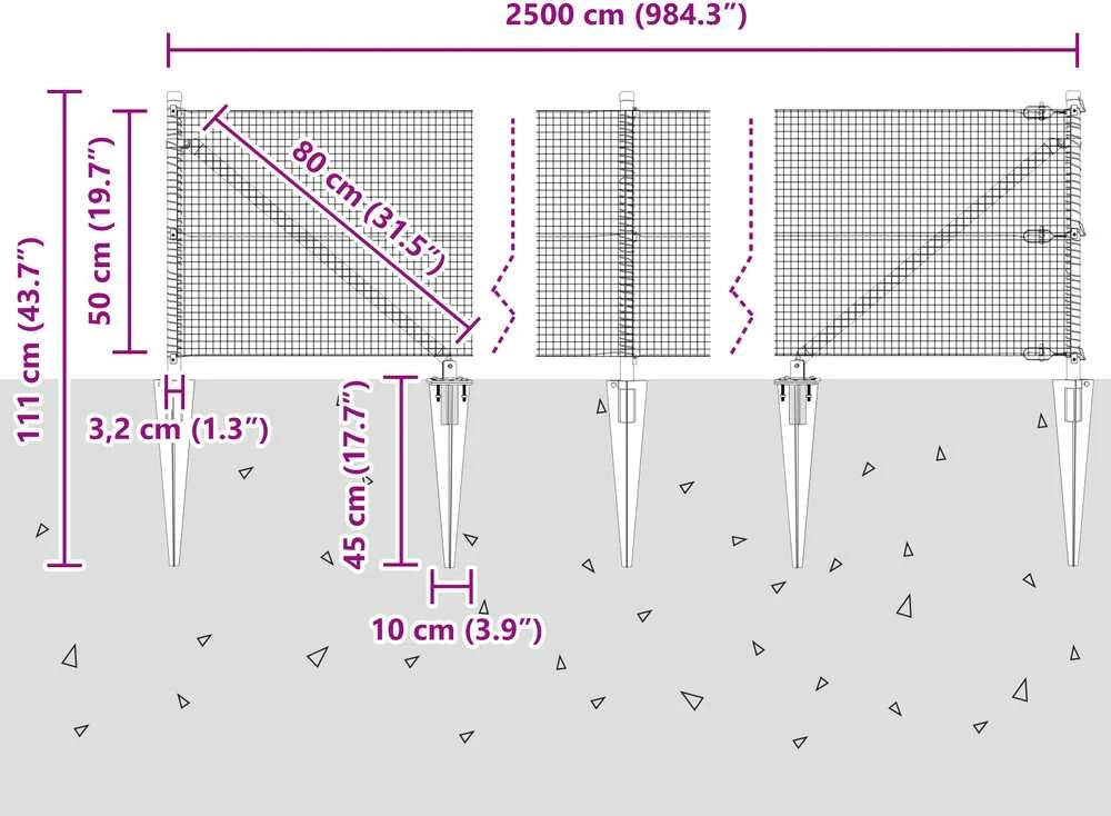 Suvirintas vielinis tvoras su smailiais galais 25 x 0,5 m Pilka