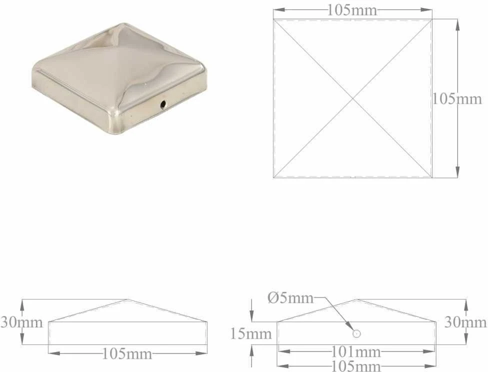 Tvoros stulpų dangteliai, 6vnt., 101x101mm, nerūdijantis plienas