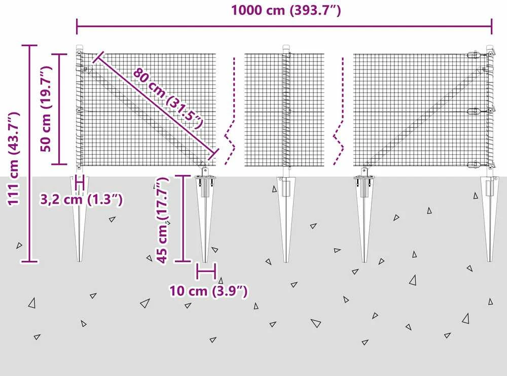 Suvirintas vielinis tvoras su smailiais galais 10 x 0,5 m Pilka