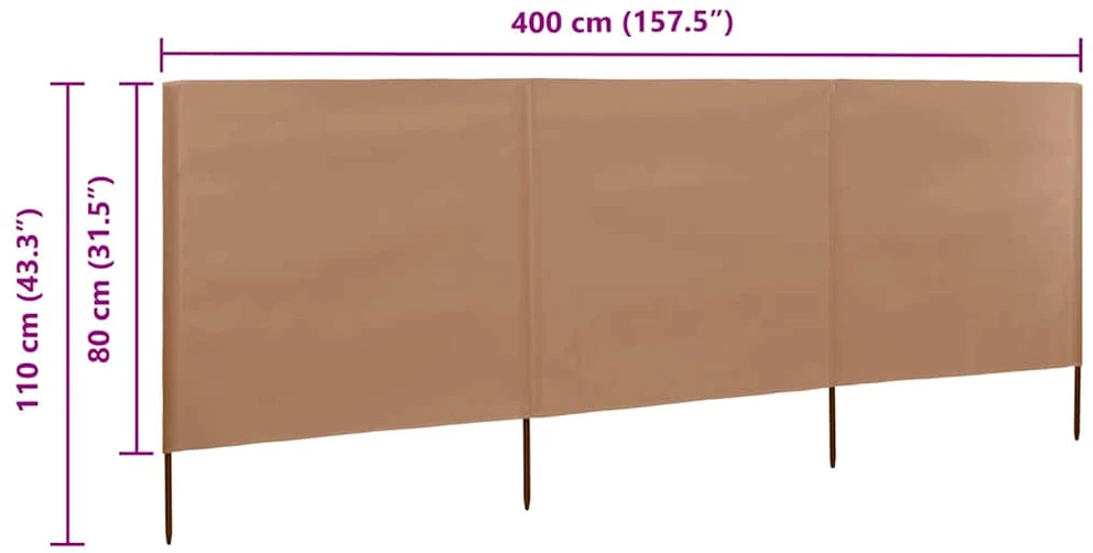 Uždanga nuo vėjo, 3 plokštės, taupe spalvos, 400x80cm, audinys