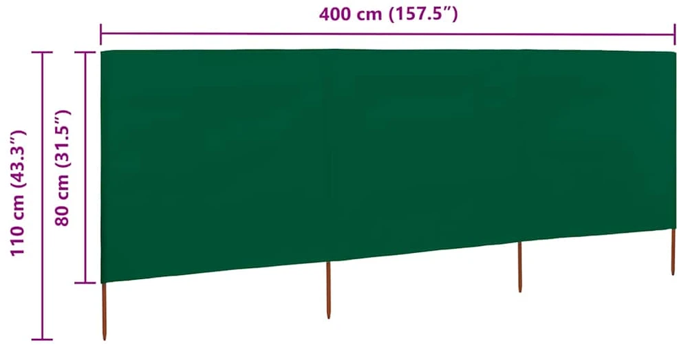 Uždanga nuo vėjo, 3 plokštės, žalios spalvos, 400x80cm, audinys