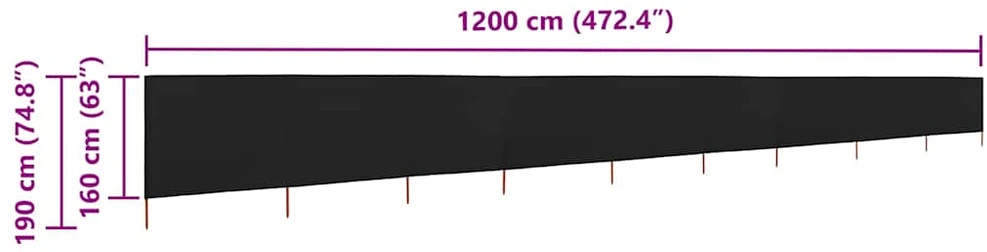 Uždanga nuo vėjo, 9 plokštės, juoda, 1200x160cm, audinys