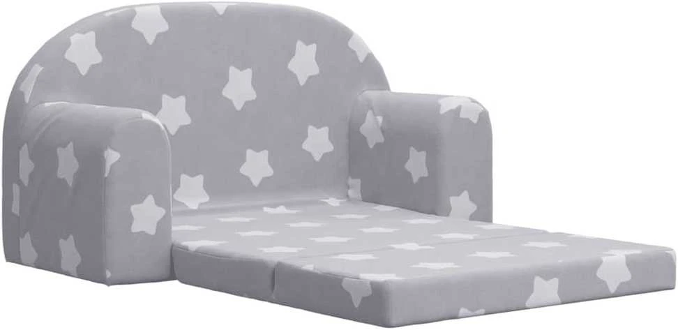 Vaikiška dvivietė sofa-lova, pilka, pliušas, su žvaigždėmis