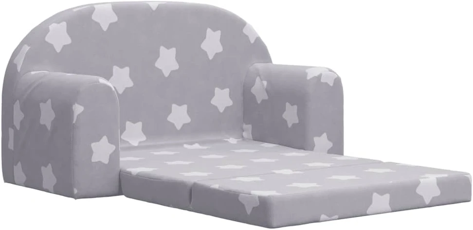 Vaikiška dvivietė sofa-lova, pilka, pliušas, su žvaigždėmis