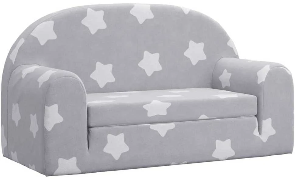 Vaikiška dvivietė sofa-lova, pilka, pliušas, su žvaigždėmis