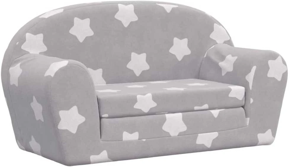 Vaikiška dvivietė sofa-lova, pilka, pliušas, su žvaigždėmis