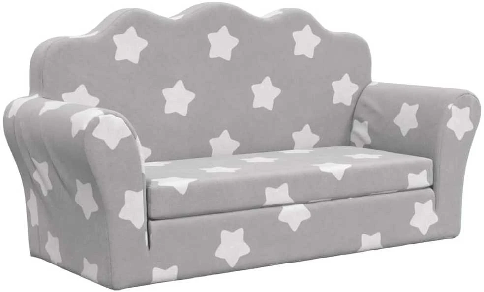 Vaikiška dvivietė sofa-lova, pilka, pliušas, su žvaigždėmis
