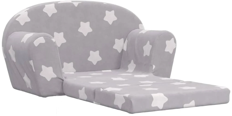 Vaikiška dvivietė sofa-lova, pilka, pliušas, su žvaigždėmis