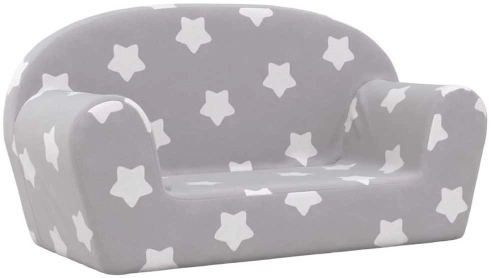 Vaikiška dvivietė sofa, pilka, minkštas pliušas, su žvaigždėmis