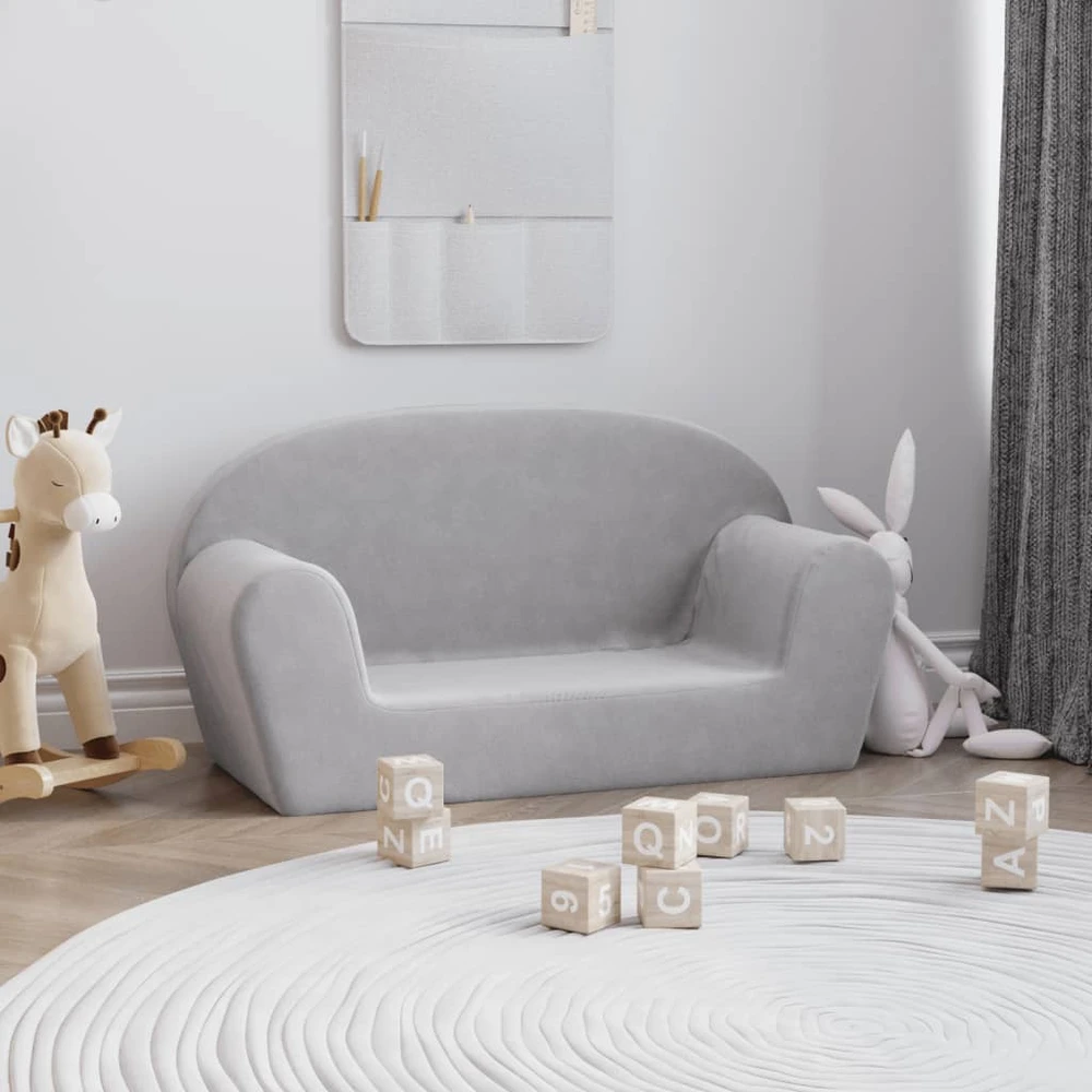 Vaikiška dvivietė sofa, šviesiai pilka, minkštas pliušas
