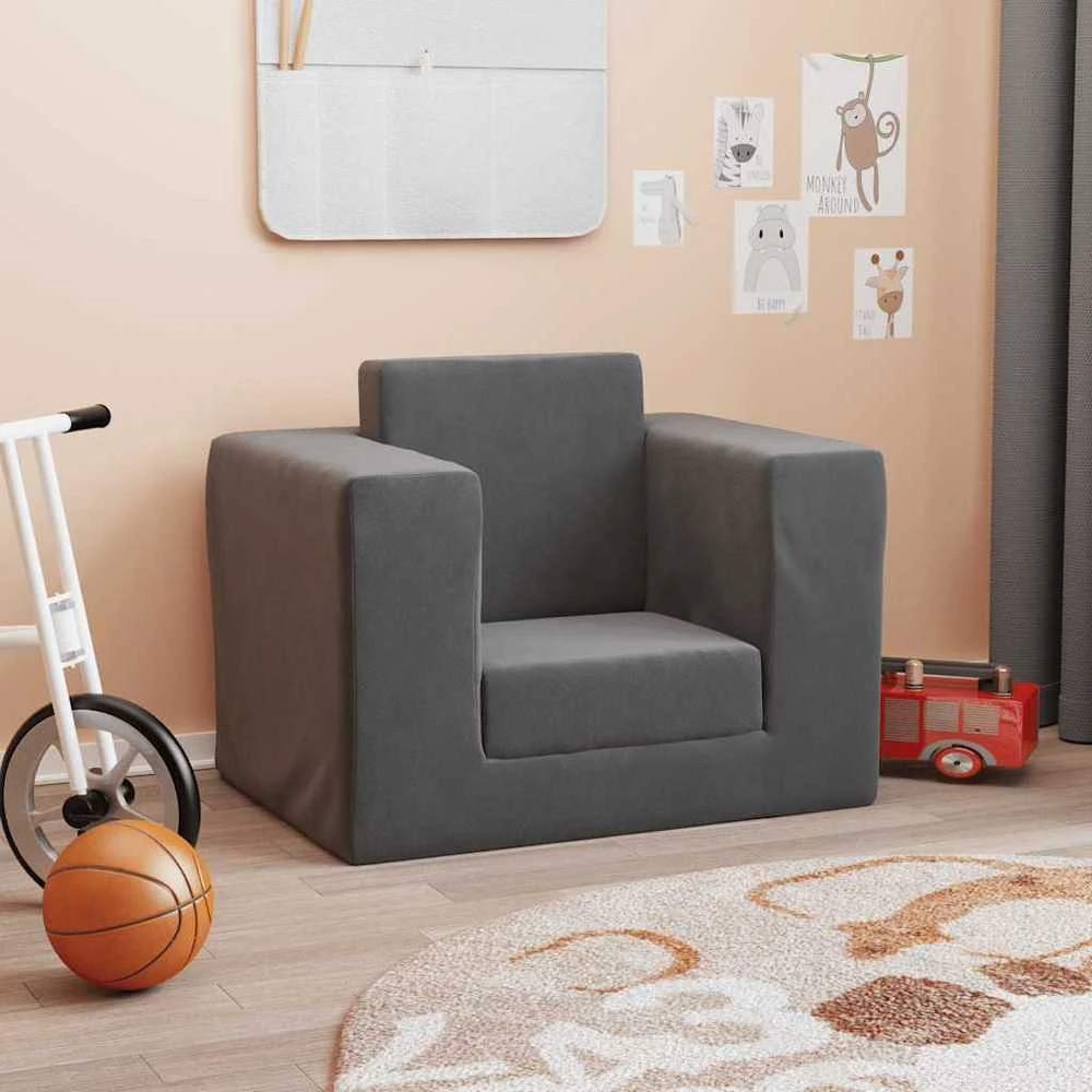 Vaikiška sofa-lova, antracito spalvos, minkštas pliušas