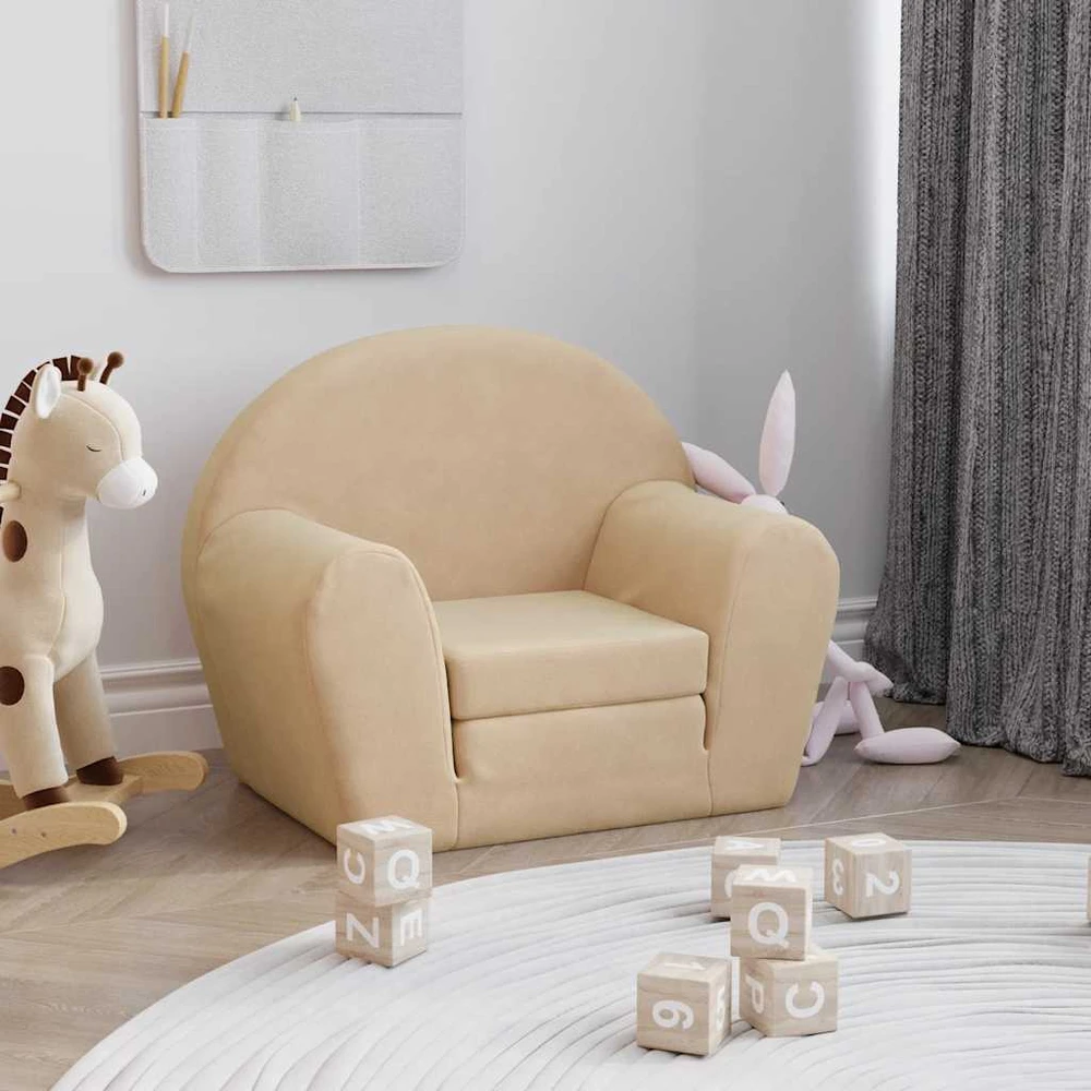 Vaikiška sofa-lova, kreminės spalvos, minkštas pliušas