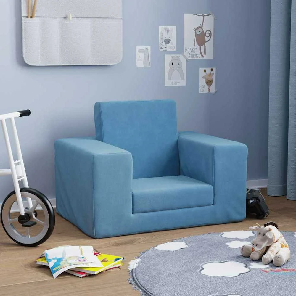 Vaikiška sofa-lova, mėlynos spalvos, minkštas pliušas