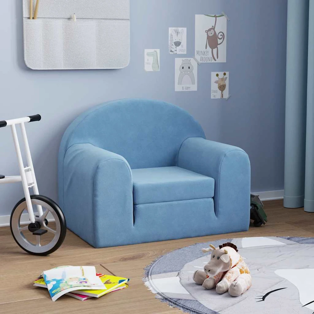 Vaikiška sofa-lova, mėlynos spalvos, minkštas pliušas
