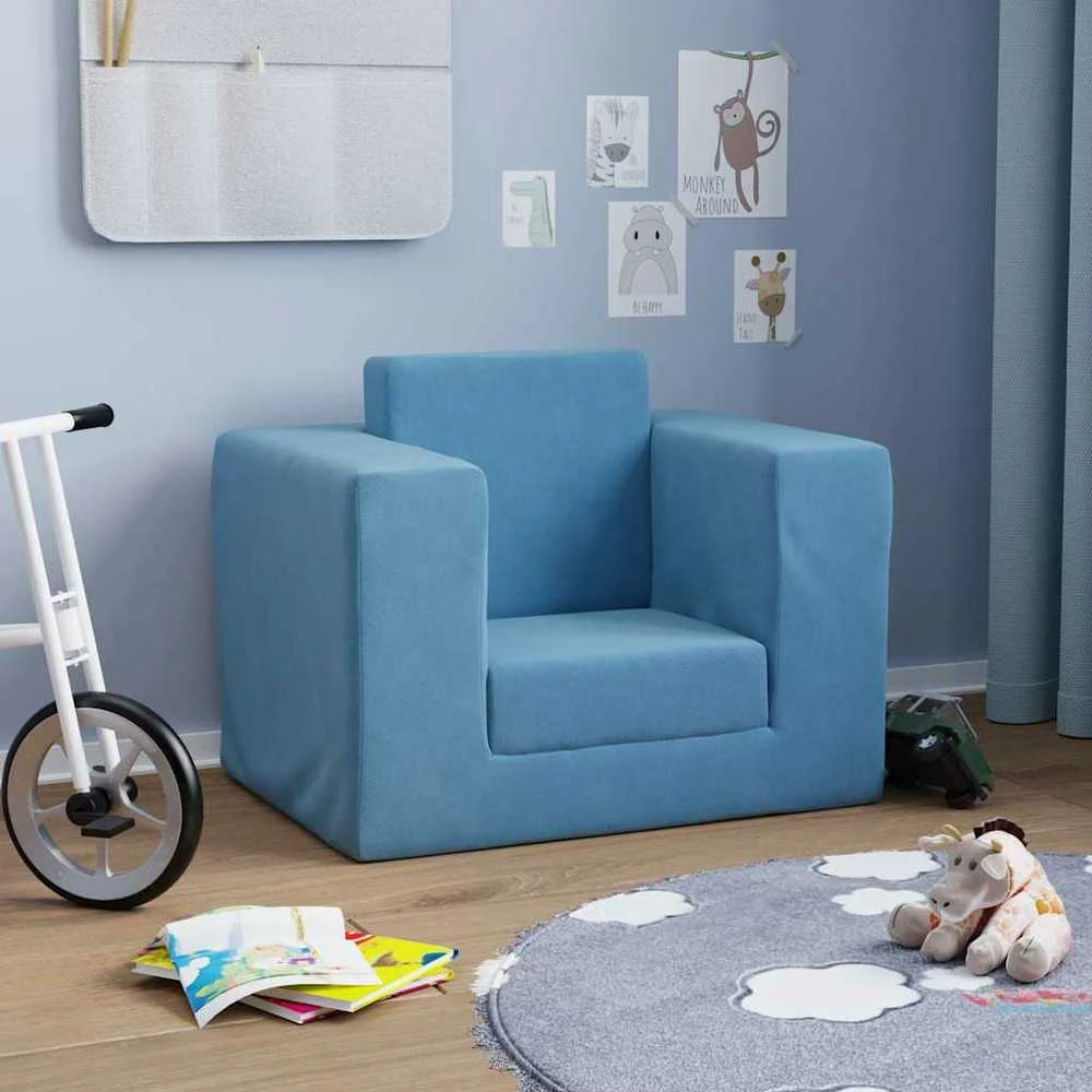 Vaikiška sofa-lova, mėlynos spalvos, minkštas pliušas