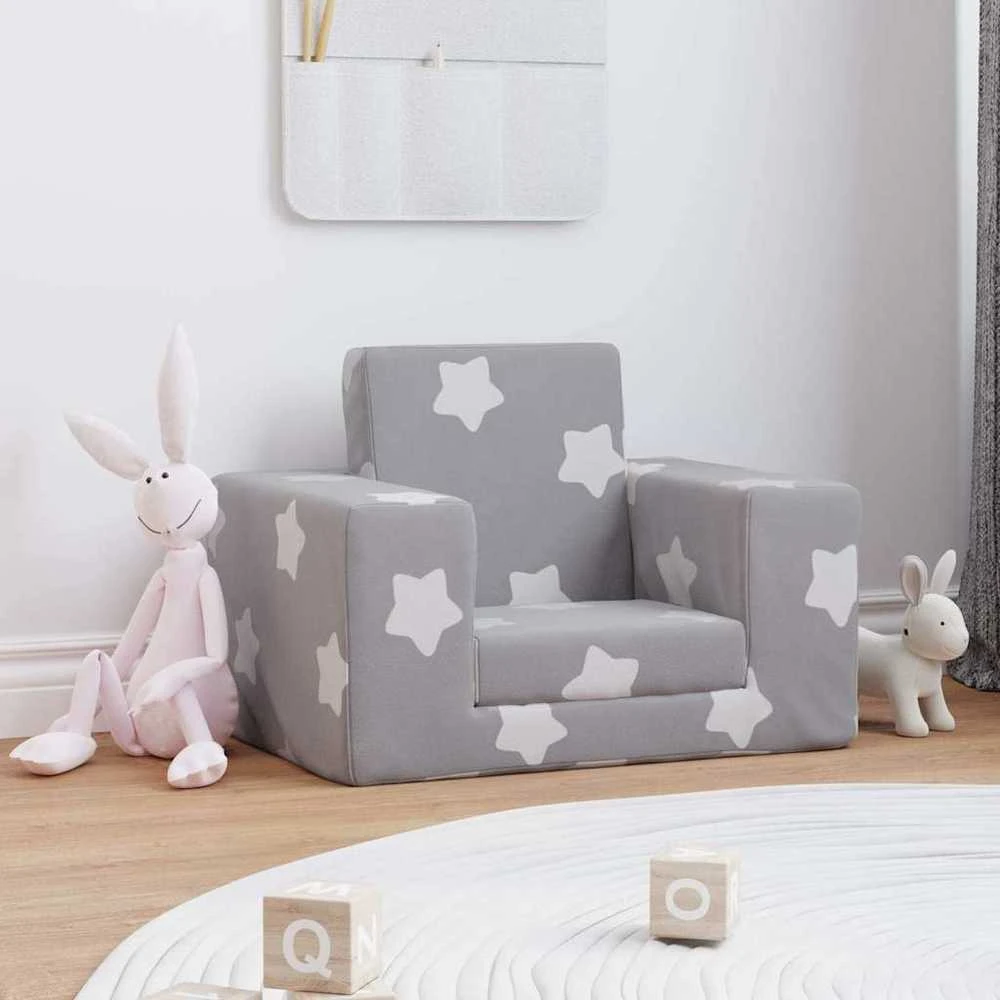 Vaikiška sofa-lova, pilka, minkštas pliušas, su žvaigždėmis