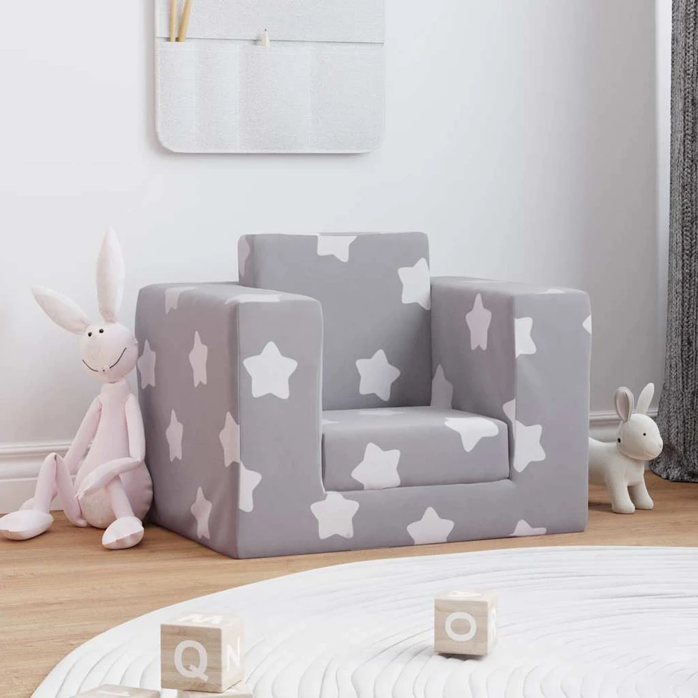 Vaikiška sofa-lova, pilka, minkštas pliušas, su žvaigždėmis
