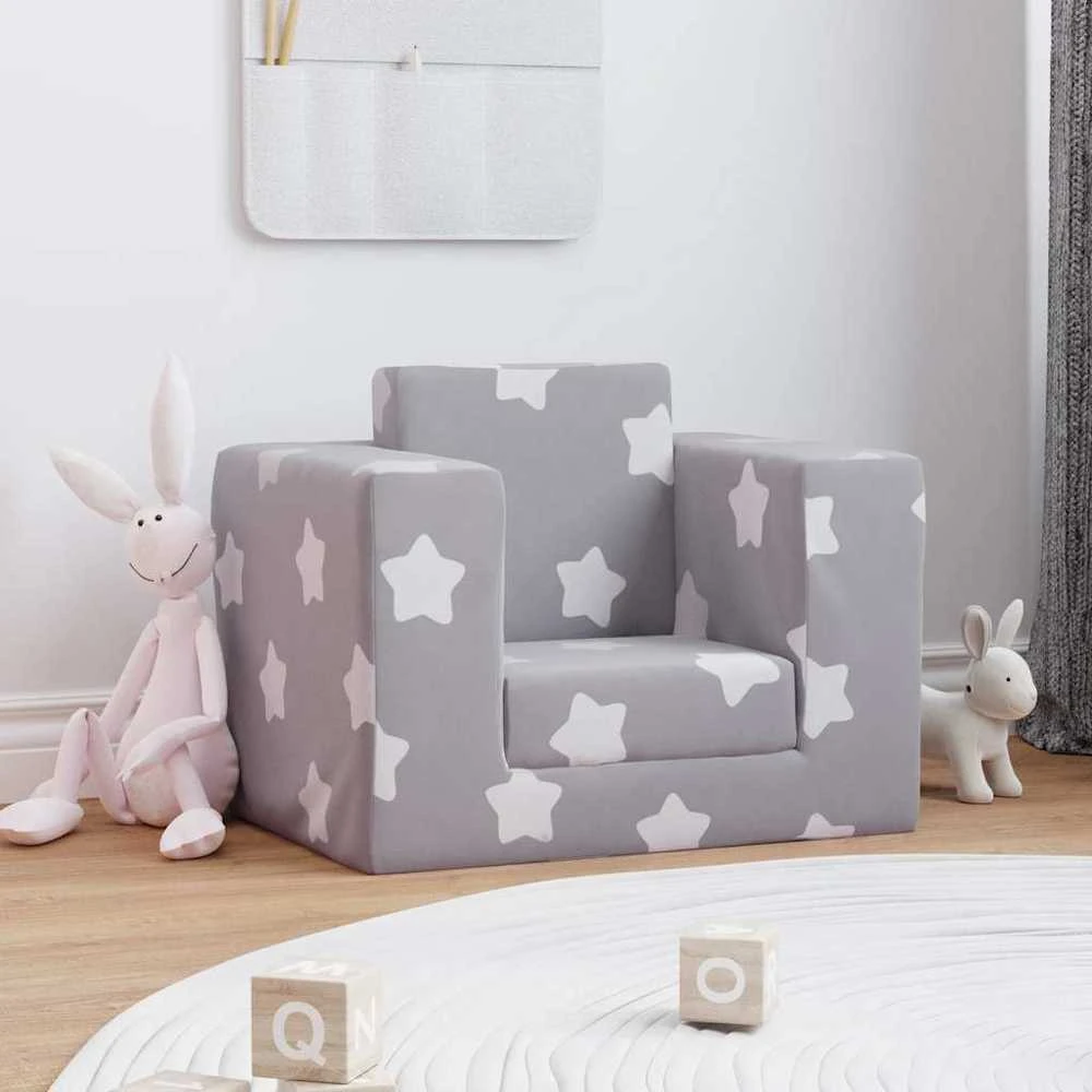 Vaikiška sofa-lova, pilka, minkštas pliušas, su žvaigždėmis