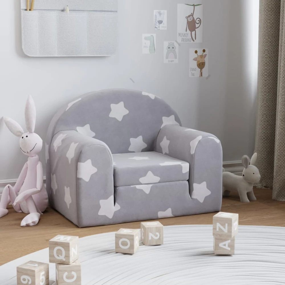 Vaikiška sofa-lova, pilka, minkštas pliušas, su žvaigždėmis
