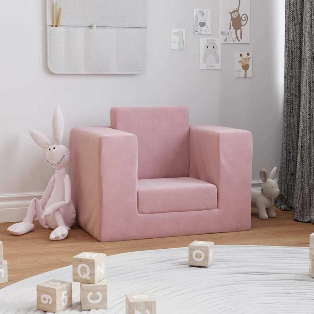 Vaikiška sofa-lova, rožinės spalvos, minkštas pliušas